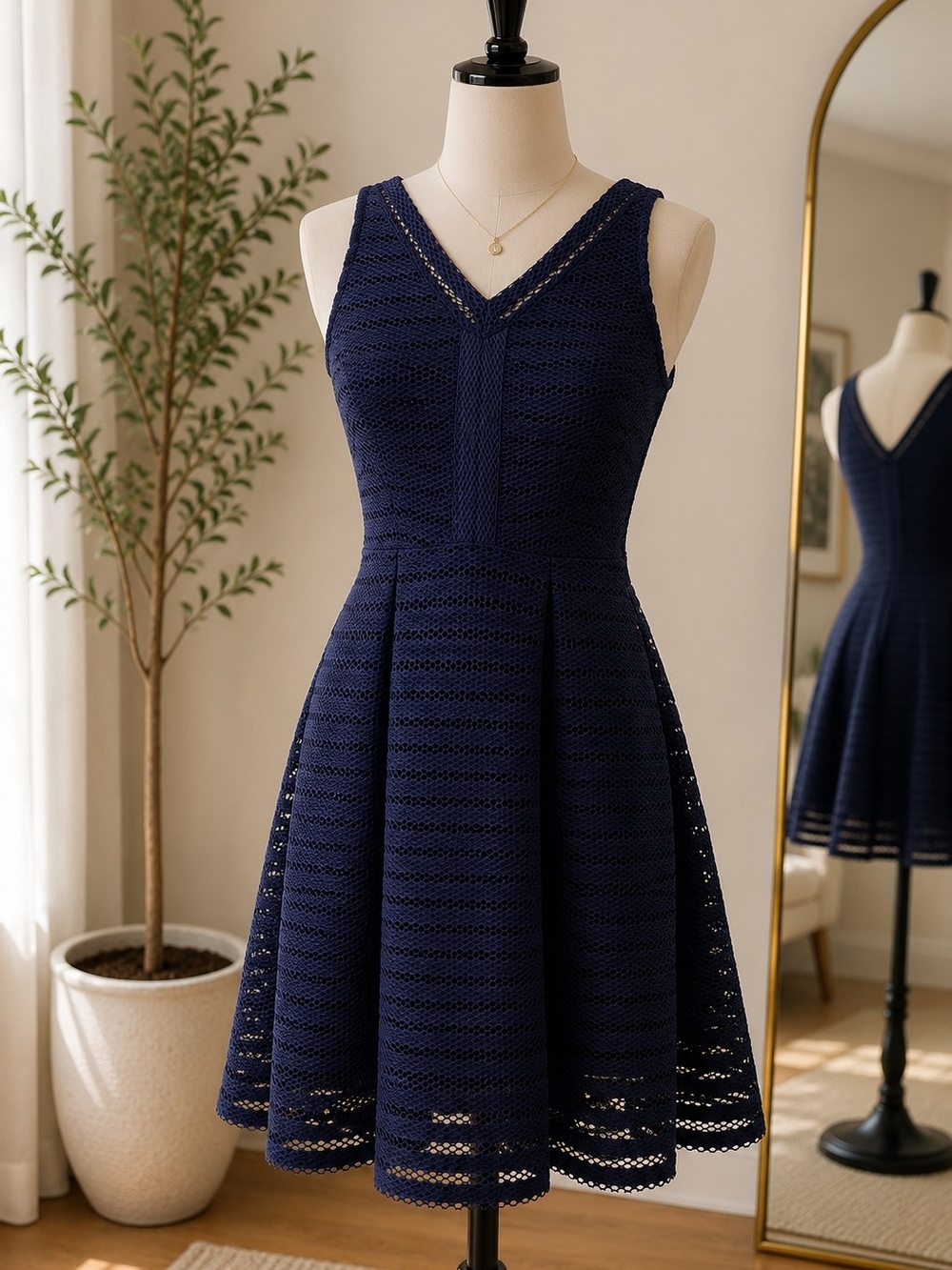 Sleeveless Navy Crochet Fit-and-Flare Mini Dress